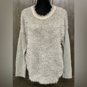 Questions by Say What? Gray fluffy sweater w/rhinestones &beads- medium